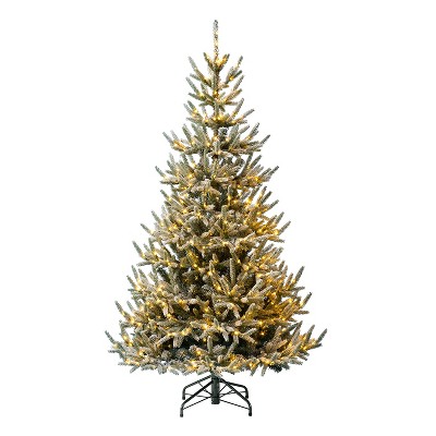 Evergreen Classics 6 Foot Pre Lit Snowy Abies Pine Artificial Fake Faux Holiday Tree with 7 Function Dimmable Fairy Lights and Remote