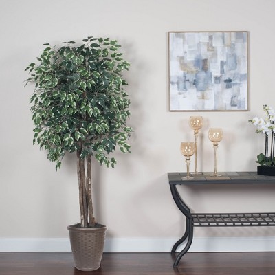 Outdoor Silk Ficus Topiary in Green and White Pot