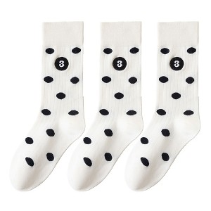 Anna-Kaci 3 Pairs Women's Casual Crew Socks Assorted Patterns Striped Polka Dot and Bow Embroidery - 1 of 4