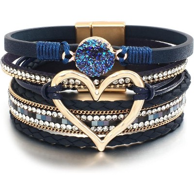 Leather Wrap Bracelet with Heart-Shape Decor & Crystal Beads, Bohemian Cuff Bangle for Women & Girls