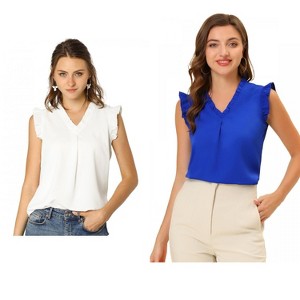 Allegra K Women's Ruffled Sleeveless Work Business Vintage Blouses 2 Packs - 1 of 4