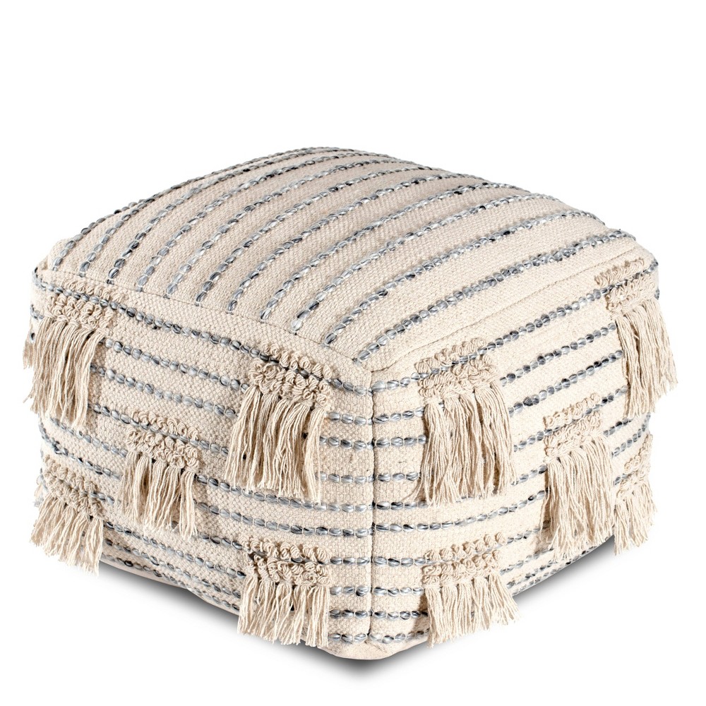 Cherokee Pouf  - Anji Mountain Versatile, comfortable, functional, and stylish. This pouf is an easy and effective way to add unique style or pop of color to any seating arrangement. This ottoman pouf is hand-crafted abroad and filled in the U.S.A with a premium, expanded polypropylene bead fill. This premium fill allows for a soft but firm seating experience which holds its shape significantly better than a typical fill. The combination of premium materials and expert craftsmanship make this pouf a perfect addition to your home. Color: Cream. Pattern: Stripe.