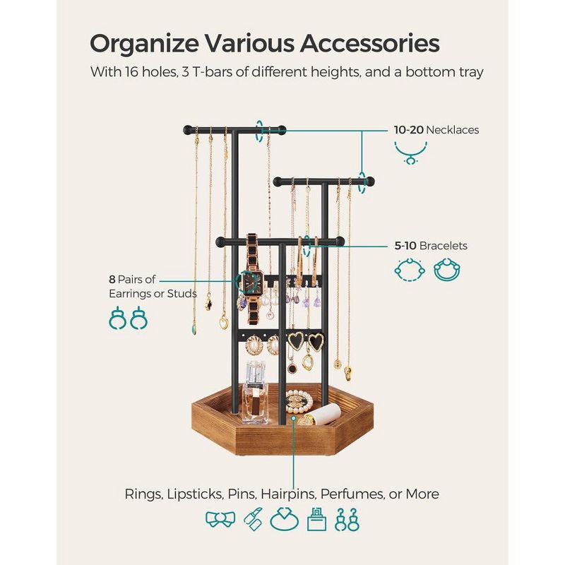 SONGMICS Jewelry Holder Jewelry Organizer 4 Independent Zones Jewelry Display Stand Necklace Earring Bracelet Holder Black and Caramel Brown, 3 of 8