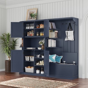 CAVINAS Hall Tree with 4 Hooks Combined Coat Rack with Soft Bench, Storage Cabinet and Open Shelves for Hallway - 1 of 4