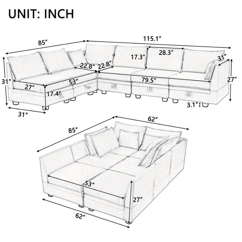 115" Modular Sectional Sofa Couches, Convertible Sofa Bed with Storage Seat-ModernLuxe, 3 of 13