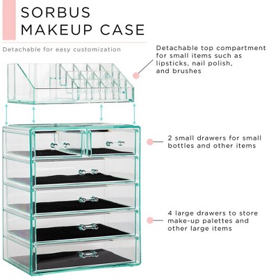 Teal Acrylic Makeup and Jewelry Organizer with 6 Drawers