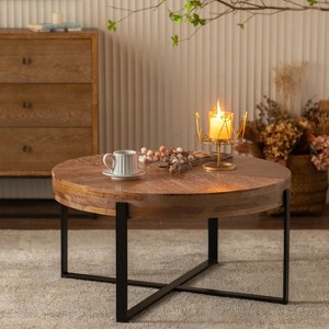 Round Coffee Table Modern Circle Coffee Table With Fir Wood Table Top Cross Legs Base - 1 of 4