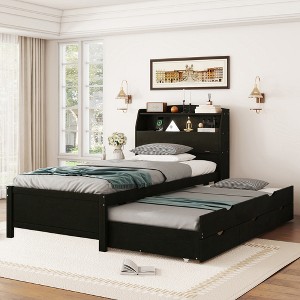 Twin Size Wooden Platform Bed with Trundle, Storage Headboard, and Drawers for Bedroom or Apartment - 1 of 4