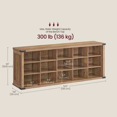 Honey Brown 15-Compartment Shoe Storage Bench with Adjustable Shelves