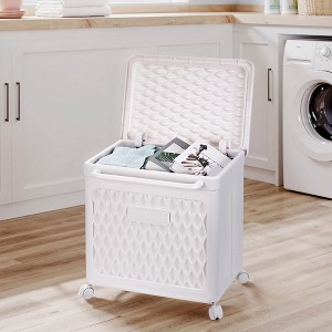 VECELO Laundry Hamper with Wheels & Lid, Plastic Laundry Basket with Handle, Rolling Laundry Bin for Laundry Room or Bathroom, White - 1 of 4