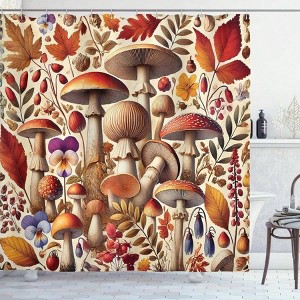 Fall Shower Curtain with Mushrooms, Berries, Leaves, and Exotic Flowers in Amber, Orange, and Purple. 69” x 70” - 1 of 3