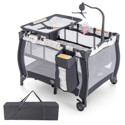 Infans Portable Baby Playard Nursery Center Crib Bassinet w/ Hanging Toys & Music Box