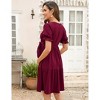 Maternity V Neck Swiss Dot Dress Summer Casual Short Sleeve Flowy Midi Dress Belt Photoshoot Baby Shower Wine Red M - 4 of 4