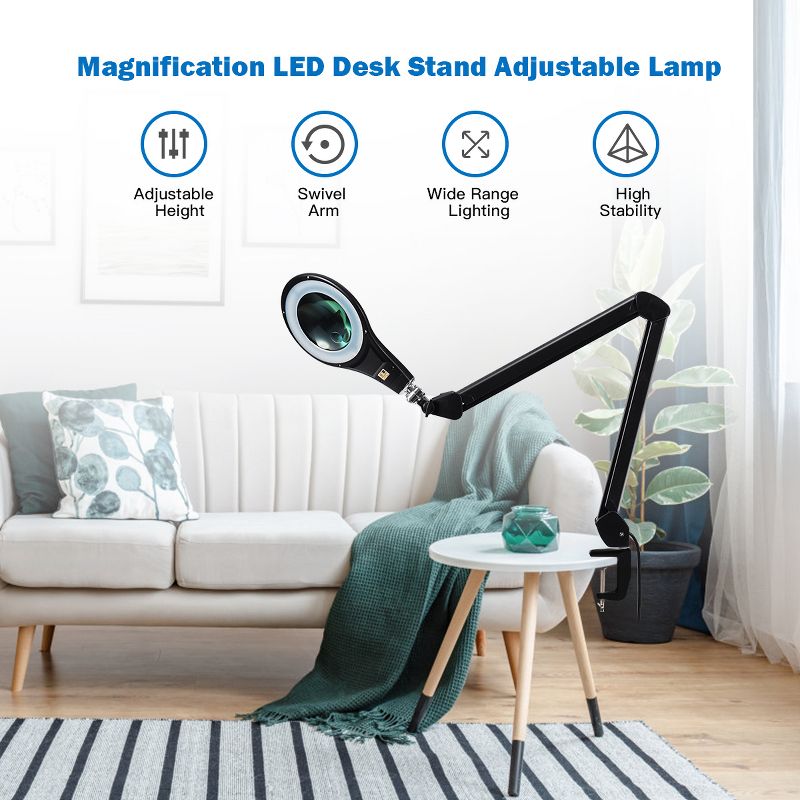 LED Magnifying Glass Desk Lamp w/ Swivel Arm & Clamp 2.25x Magnification Black, 2 of 9