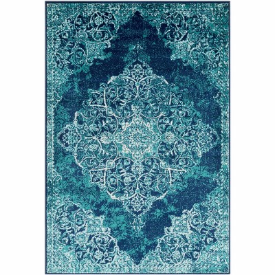 Teal and Navy Rectangular Medium Pile Area Rug