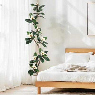 Rubber Tree Artificial Tree in White Planter Pot,Faux Plants Indoor Faux Floor Plant Artificial Plants with Magnolia Flowers for Home Decor