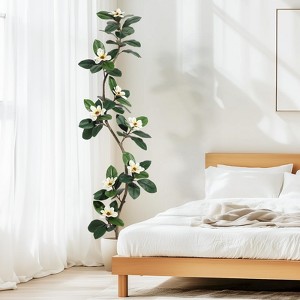 Rubber Tree Artificial Tree in White Planter Pot,Faux Plants Indoor Faux Floor Plant Artificial Plants with Magnolia Flowers for Home Decor - 1 of 4