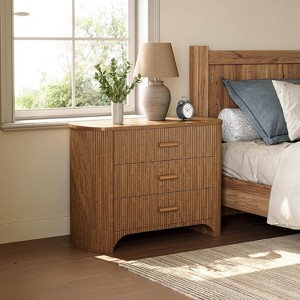 Tribesigns Wide Nightstand with 3 Drawers, Modern Oversized Bedside Table for Bedroom, with Fluted Striped Panel & Closed Back, Deep Brown - 1 of 4