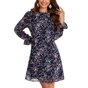 Women's Ruffle Mock Neck Long Sleeve Floral Print Mini Dress Casual Pleated Flowy Babydoll Short Dress - 1 of 4