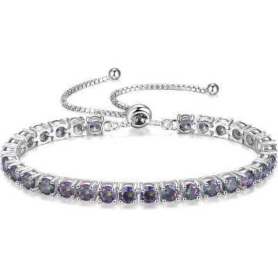 Sterling Silver Tennis Bracelet with Birthstone, Adjustable Bolo Chain Fine Jewelry, Anniversary Birthday Gift for Women