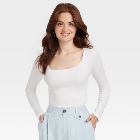 Women's Long Sleeve Slim Fit T-shirt - A New Day™ White L : Target