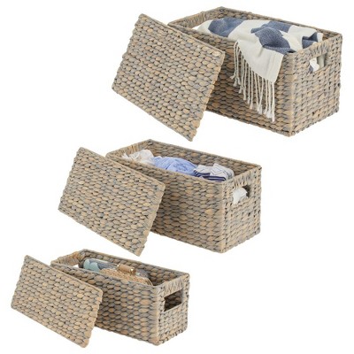 Gray Wicker Rectangular Storage Basket Set with Lids