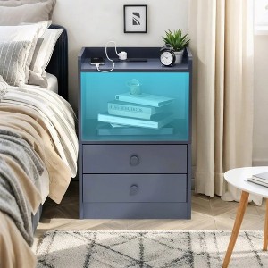 FurnitureR LED Nightstand with USB Ports & Power Outlets, Bedside End Table with 2 Drawers and Storage Shelf for Bedroom, Black, Set of 1 - 1 of 4