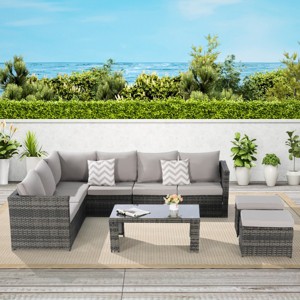 Outdoor Furniture Set, Armrest  Sofas with Cushions and Pillows, 6 Pcs Rattan Wicker Sofa Set with Tempered Glass Coffee Table-Coolbibila - 1 of 4