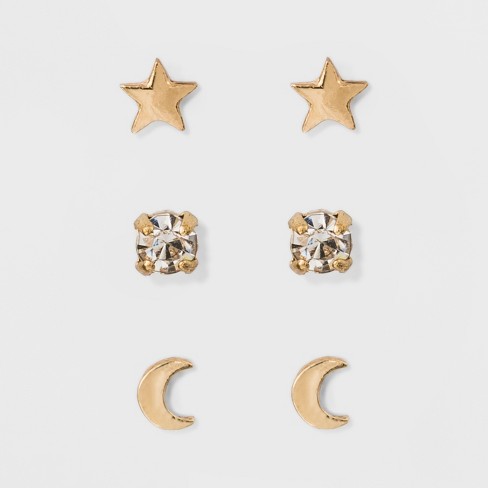 Moon And Star Stud Earring Set 3ct - A New Day™ Gold : Target
