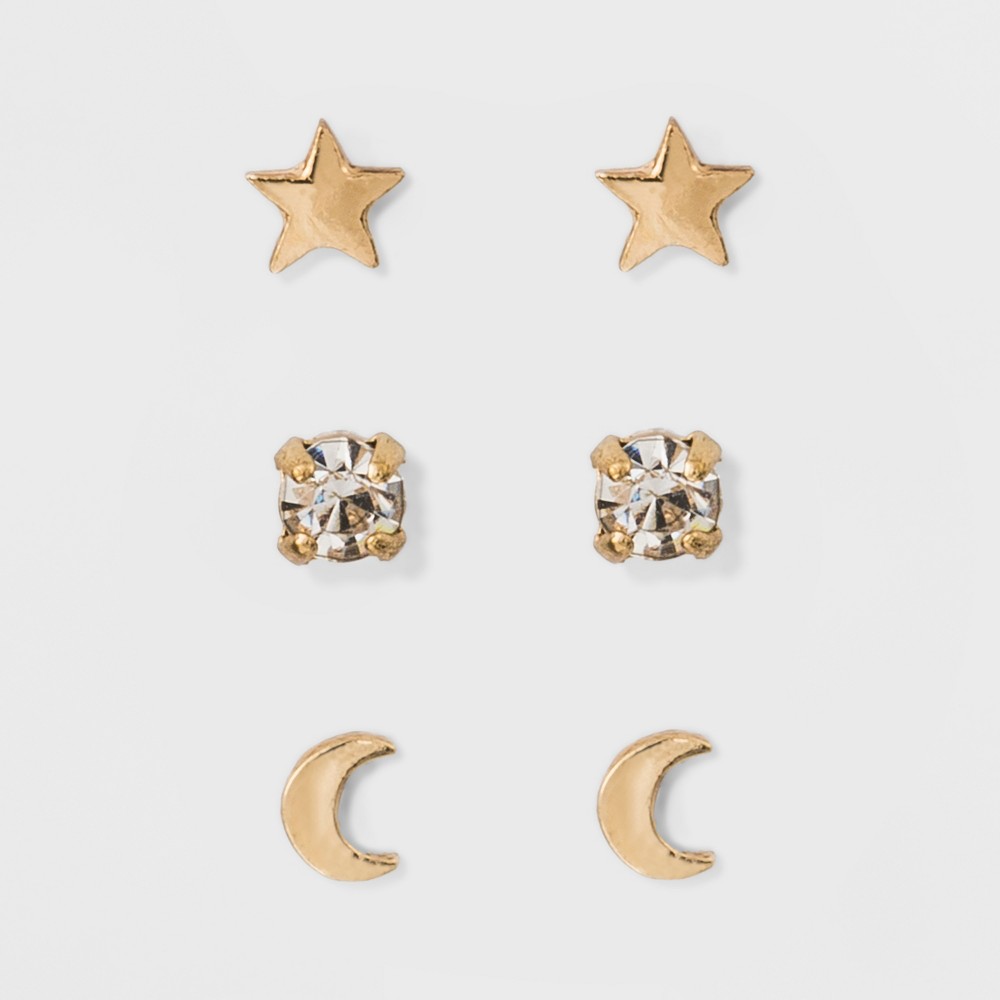 Photos - Earrings Moon and Star Stud Earring Set 3ct - A New Day™ Gold