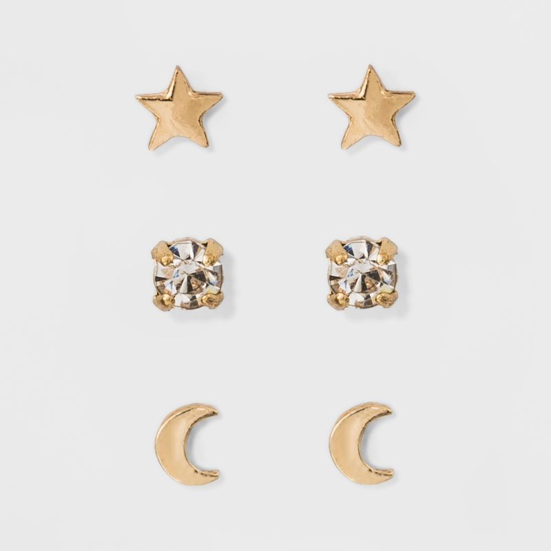 Moon and Star Stud Earring Set 3ct - A New Day&#8482; Gold, 1 of 3