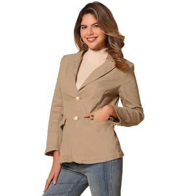 Allegra K Women's Notched Lapel Denim Single Breasted Shoulder Pad Business Casual Blazer