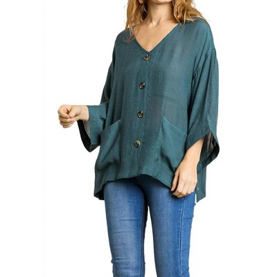 Women's Faux Button Front Pocket Top - umgee