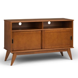 54" Solid Rubberwood Hardwood Mid Century Modern Tall TV Media Stand with Cord Management, Sliding Doors and Antique Brass Hardware for Living Room - 1 of 4