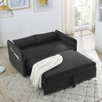Sofa Bed With Headboard, Pull Out Sofa Bed, Velvet Love Seat Couch, Modern Love Seat With USB Port 2 Side Pockets And 2 Throw Pillows