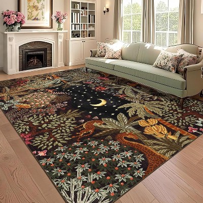 Modern Washable Area Rug - Stain Resistant Ultra Soft Night Jungle Print, Non-Slip Lightweight Floor Carpet for Living Room, Office, Nursery