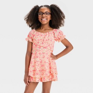 Zenzi Girls' Short Sleeve Floral Chiffon Jumper Dress - Ivory - 1 of 3