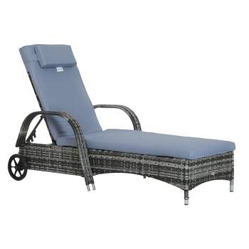 Outsunny Patio Wicker Chaise Lounge, PE Rattan Outdoor Lounge Chair with Cushion, Height Adjustable Backrest & Wheels