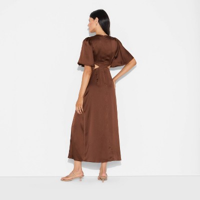 Women's Flutter Sleeve Satin Cap Maxi Bodycon Dress - Wild Fable Dark Brown XXS