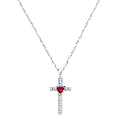 Molenia Birthstone Cross Necklace for Women, 925 Sterling Silver Heart Cross Pendant Necklace Fine Cross Jewelry Birthday Gifts for Her 18"+4" Inches