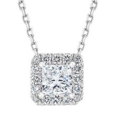 Pompeii3 1Ct TW Princess Cut Halo Diamond Pendant Women's Necklace 18" Lab Created