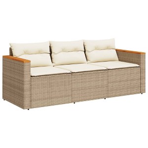 vidaXL Beige Poly Rattan 3-Seater Patio Sofa with Washable Cushions - Durable Outdoor Garden Furniture, UV-Resistant - 1 of 4