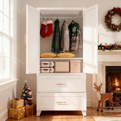 JVNOXK71" Tall Metal Wardrobe Cabinet with 2 Drawers and Hanging Rod, 2 Doors Wardrobe Closet with Shelf for Bedroom, (White)