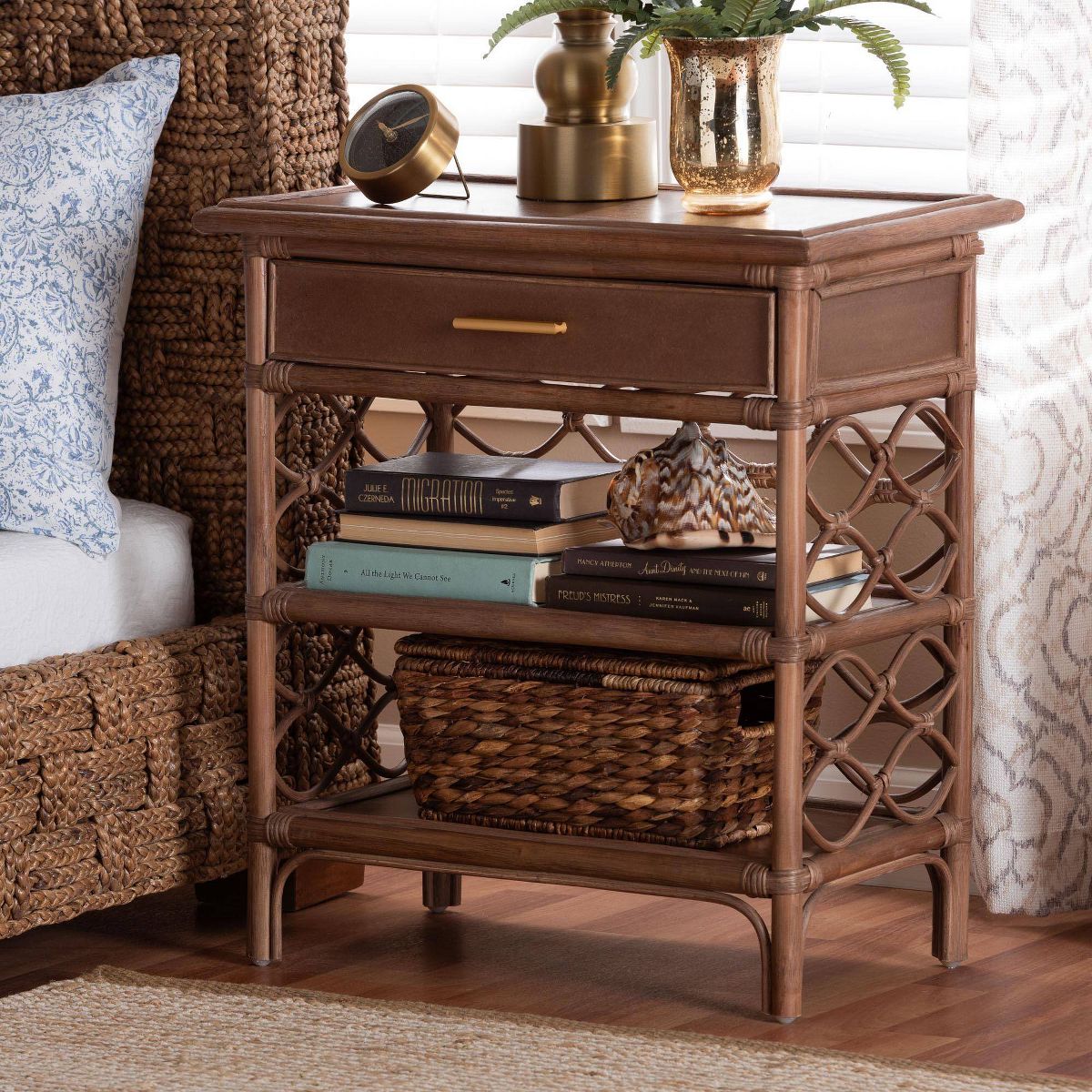 bali & pari Akane Natural Rattan Nightstand with Drawer and Open Shelves Antique Brown - thumbnail 8
