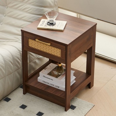 NicBex 16" Rattan Rustic End Table with Drawer, Modern Side Table Nightstand Outdoor/Indoor for Living Room Bedroom