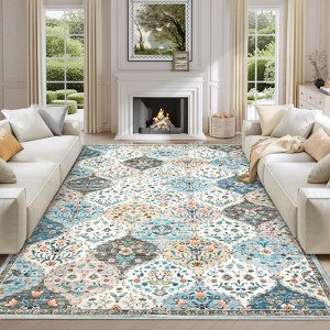Washable Area Rug Floral Print Accent Carpet with Non-Slip Backing - 1 of 4