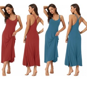 INSPIRE CHIC Women's 2 Pcs One-Piece Pajama Dress Sleeveless Backless Full Slip Camisole U Neck Midi Nightgowns X-Large Red/Lake Blue - 1 of 4