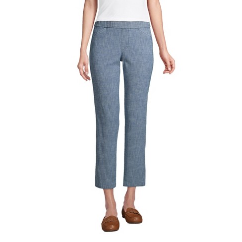 EOM Womans Pull On Side Pockets Full Elastic Waist Capri Length Jeans  (Large, Chambray) 
