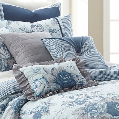 Blue Floral Microfiber Queen Reversible Comforter Set