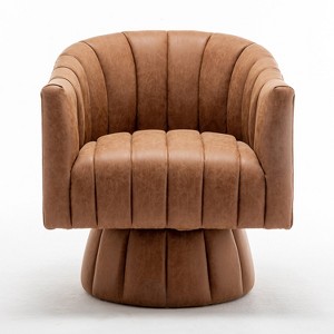 SEYNAR Mid-Century Swivel PU Leather Tufted Round Accent Barrel Chair - 1 of 4